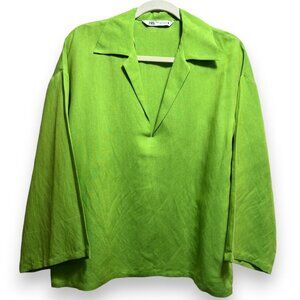 Zara Lime Green Linen Wide Sleeves Top